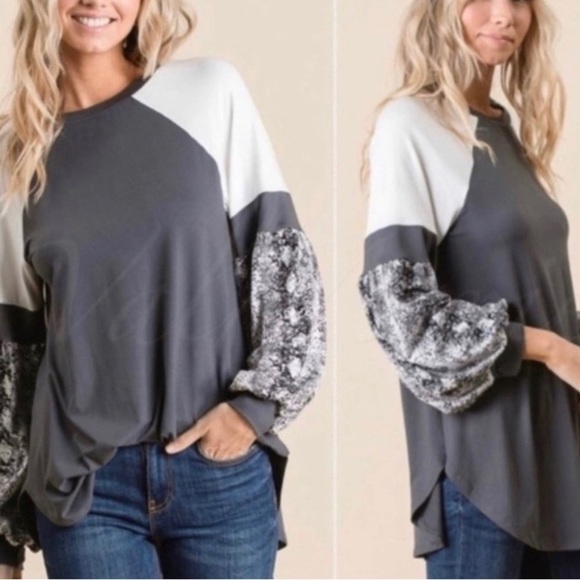 Snake Print Color Block Long Sleeve Top - Animal Print Tops- 🔥SALE🔥 - Picture 2 of 4